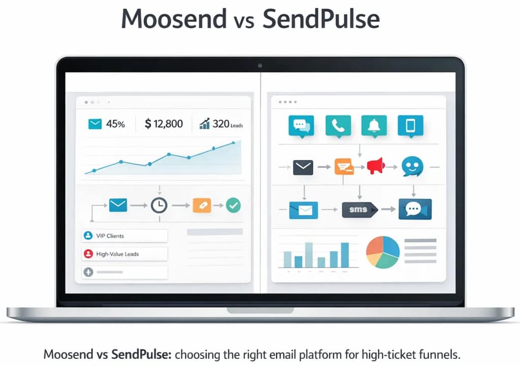 Moosend vs SendPulse comparison for high-ticket email automation and multi-channel marketing.