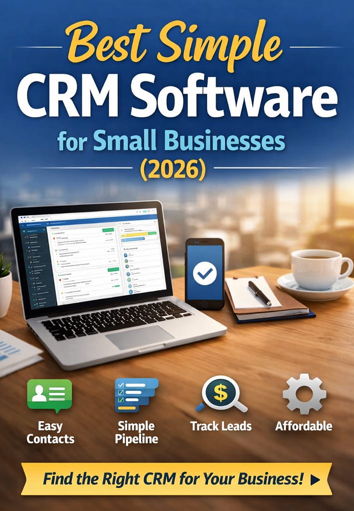 Best Simple CRM Software for Small Businesses (2026) 6 Best simple CRM software for small businesses in 2026 displayed on a modern workspace with laptop and mobile CRM dashboard
